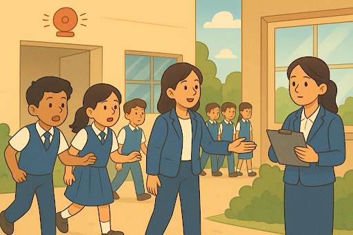 Students in school uniform reporting to a teacher during a safety drill, highlighting communication and unity at Mayoor School, Noida.